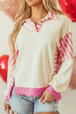 Online Dear-Lover Colorblock Patchwork Collared French Terry Knit Top Pink Stripe
