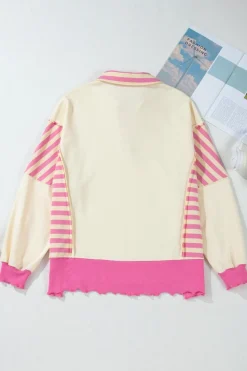 Online Dear-Lover Colorblock Patchwork Collared French Terry Knit Top Pink Stripe