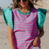 New Dear-Lover Colorblock Ruffled Sleeve Crew Neck Blouse Pink Stripe