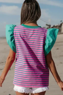New Dear-Lover Colorblock Ruffled Sleeve Crew Neck Blouse Pink Stripe