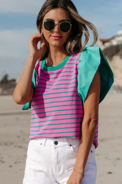 New Dear-Lover Colorblock Ruffled Sleeve Crew Neck Blouse Pink Stripe