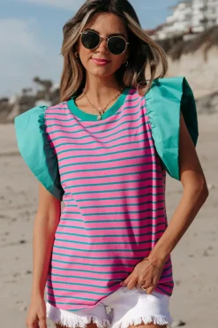 New Dear-Lover Colorblock Ruffled Sleeve Crew Neck Blouse Pink Stripe