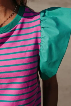 New Dear-Lover Colorblock Ruffled Sleeve Crew Neck Blouse Pink Stripe