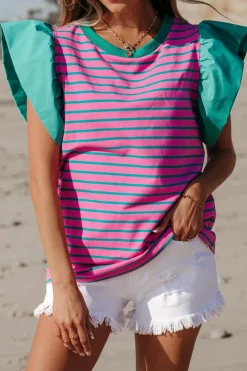 New Dear-Lover Colorblock Ruffled Sleeve Crew Neck Blouse Pink Stripe