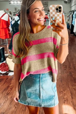New Dear-Lover Colorblock Short Sleeve Crew Neck Lightweight Sweater Pink Stripe