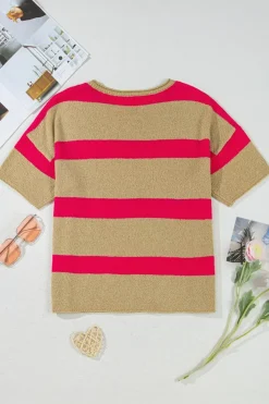 New Dear-Lover Colorblock Short Sleeve Crew Neck Lightweight Sweater Pink Stripe