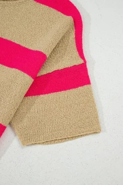 New Dear-Lover Colorblock Short Sleeve Crew Neck Lightweight Sweater Pink Stripe
