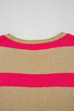 New Dear-Lover Colorblock Short Sleeve Crew Neck Lightweight Sweater Pink Stripe