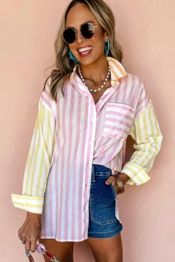 New Dear-Lover Contrast Collar Long Sleeve Patchwork Shirt Pink Stripe