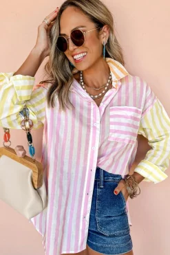 New Dear-Lover Contrast Collar Long Sleeve Patchwork Shirt Pink Stripe