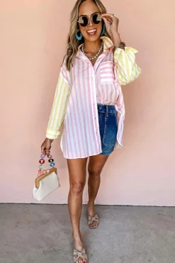New Dear-Lover Contrast Collar Long Sleeve Patchwork Shirt Pink Stripe
