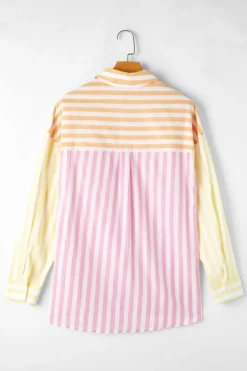 New Dear-Lover Contrast Collar Long Sleeve Patchwork Shirt Pink Stripe