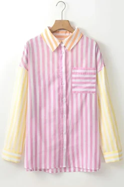 New Dear-Lover Contrast Collar Long Sleeve Patchwork Shirt Pink Stripe
