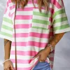 Hot Dear-Lover Contrast Patch Pocket Drop Sleeve T Shirt Pink Stripe