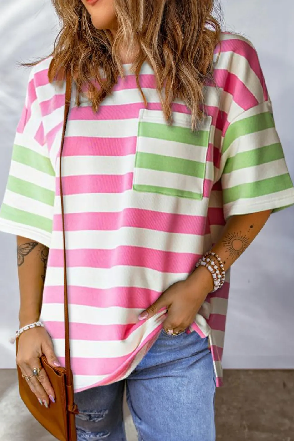 Hot Dear-Lover Contrast Patch Pocket Drop Sleeve T Shirt Pink Stripe