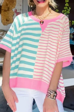 New Dear-Lover Contrast Patchwork Oversized T Shirt Pink Stripe