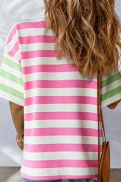 Hot Dear-Lover Contrast Patch Pocket Drop Sleeve T Shirt Pink Stripe