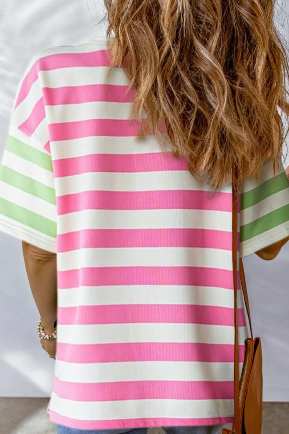 Hot Dear-Lover Contrast Patch Pocket Drop Sleeve T Shirt Pink Stripe