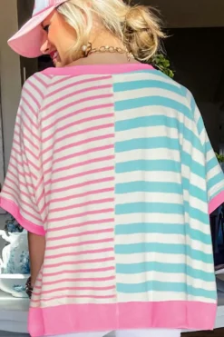 New Dear-Lover Contrast Patchwork Oversized T Shirt Pink Stripe
