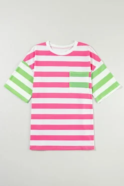 Hot Dear-Lover Contrast Patch Pocket Drop Sleeve T Shirt Pink Stripe