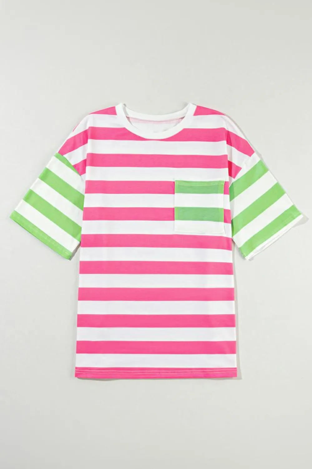 Hot Dear-Lover Contrast Patch Pocket Drop Sleeve T Shirt Pink Stripe