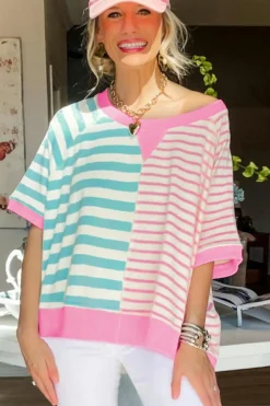New Dear-Lover Contrast Patchwork Oversized T Shirt Pink Stripe