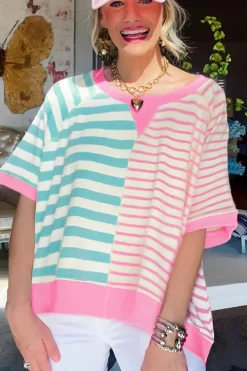New Dear-Lover Contrast Patchwork Oversized T Shirt Pink Stripe