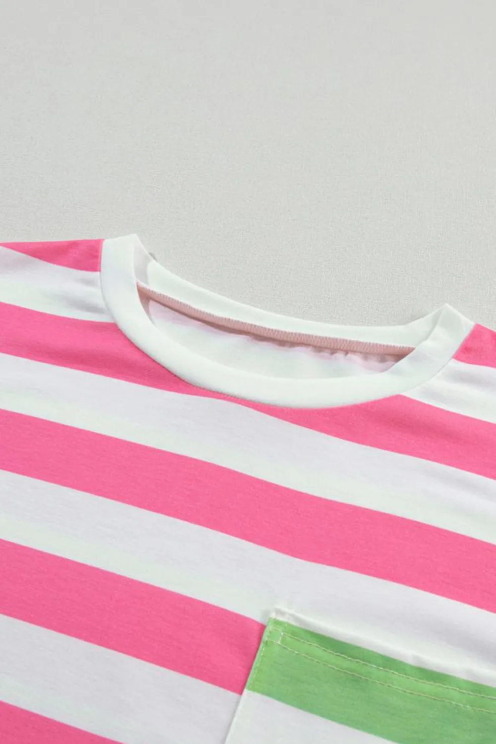 Hot Dear-Lover Contrast Patch Pocket Drop Sleeve T Shirt Pink Stripe