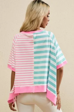 New Dear-Lover Contrast Patchwork Oversized T Shirt Pink Stripe