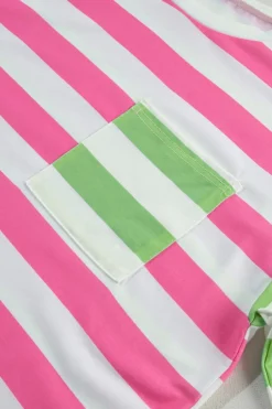 Hot Dear-Lover Contrast Patch Pocket Drop Sleeve T Shirt Pink Stripe