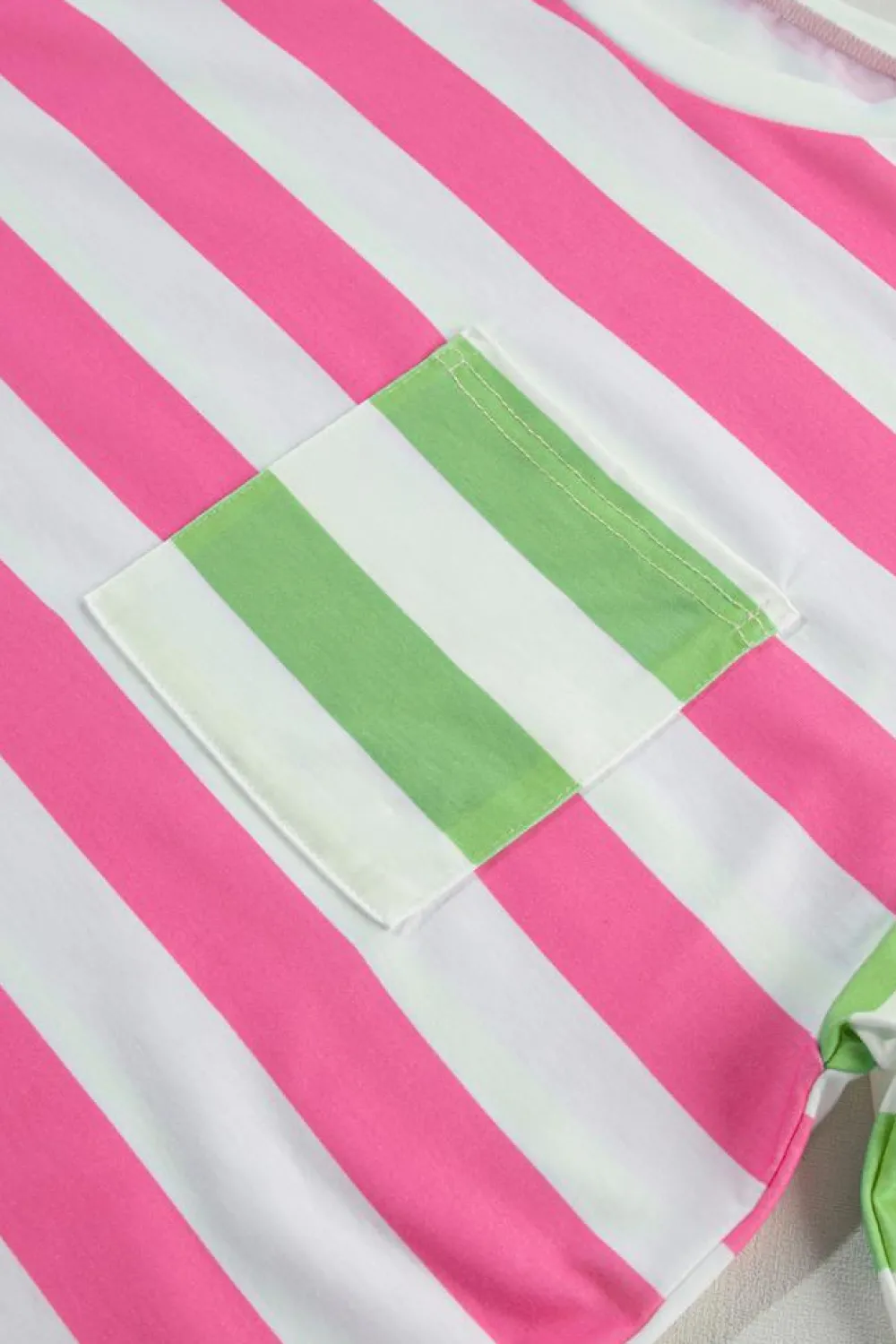 Hot Dear-Lover Contrast Patch Pocket Drop Sleeve T Shirt Pink Stripe