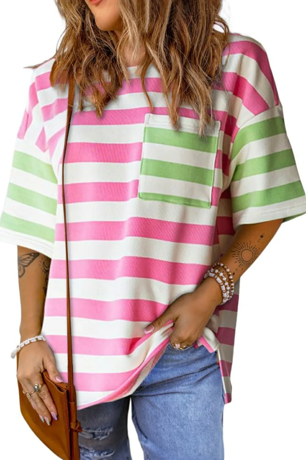 Hot Dear-Lover Contrast Patch Pocket Drop Sleeve T Shirt Pink Stripe