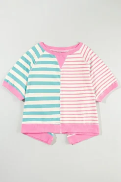 New Dear-Lover Contrast Patchwork Oversized T Shirt Pink Stripe