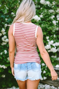 Sale Dear-Lover Contrast Round Neck Sleeveless Slim Top Pink Stripe