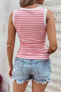 Sale Dear-Lover Contrast Round Neck Sleeveless Slim Top Pink Stripe