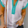 Outlet Dear-Lover Contrast Trim Half Zip Short Sleeve Top Pink Stripe