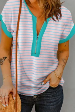 Outlet Dear-Lover Contrast Trim Half Zip Short Sleeve Top Pink Stripe