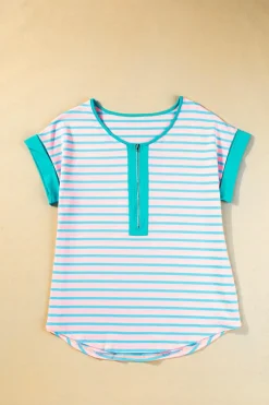Outlet Dear-Lover Contrast Trim Half Zip Short Sleeve Top Pink Stripe