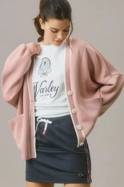 New Dear-Lover Contrast Trim V Neck Buttoned Front Pocketed Knit Cardigan Pink Stripe