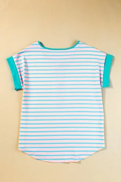 Outlet Dear-Lover Contrast Trim Half Zip Short Sleeve Top Pink Stripe