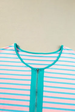 Outlet Dear-Lover Contrast Trim Half Zip Short Sleeve Top Pink Stripe