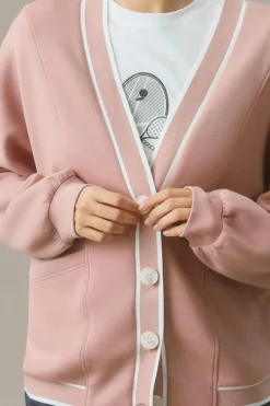 New Dear-Lover Contrast Trim V Neck Buttoned Front Pocketed Knit Cardigan Pink Stripe