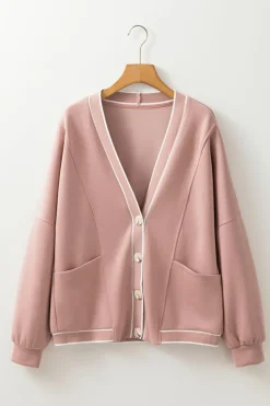 New Dear-Lover Contrast Trim V Neck Buttoned Front Pocketed Knit Cardigan Pink Stripe