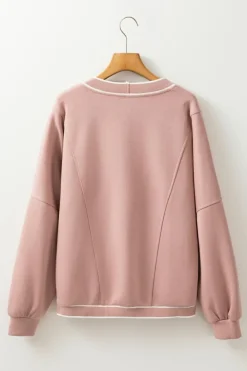 New Dear-Lover Contrast Trim V Neck Buttoned Front Pocketed Knit Cardigan Pink Stripe