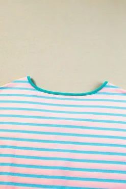 Outlet Dear-Lover Contrast Trim Half Zip Short Sleeve Top Pink Stripe