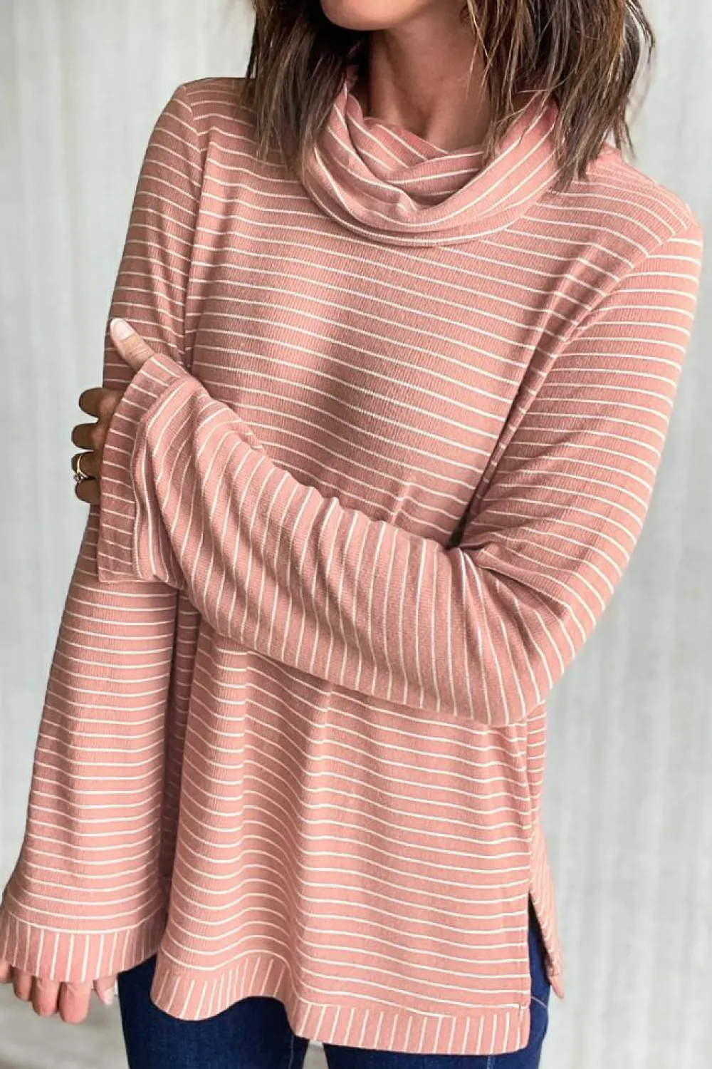 Clearance Dear-Lover Cowl Neck Side Slits Loose Fit Long Sleeve Top Pink Stripe