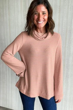 Clearance Dear-Lover Cowl Neck Side Slits Loose Fit Long Sleeve Top Pink Stripe