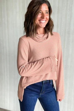 Clearance Dear-Lover Cowl Neck Side Slits Loose Fit Long Sleeve Top Pink Stripe