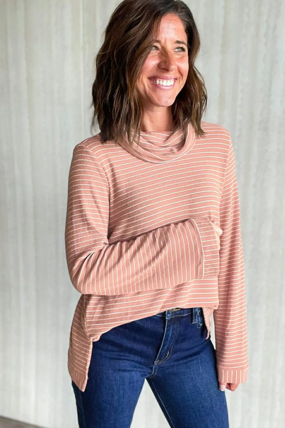 Clearance Dear-Lover Cowl Neck Side Slits Loose Fit Long Sleeve Top Pink Stripe