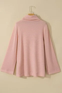 Clearance Dear-Lover Cowl Neck Side Slits Loose Fit Long Sleeve Top Pink Stripe